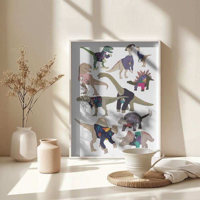 Dinosaurs In 80s Jumpers Framed Art Wall Decor