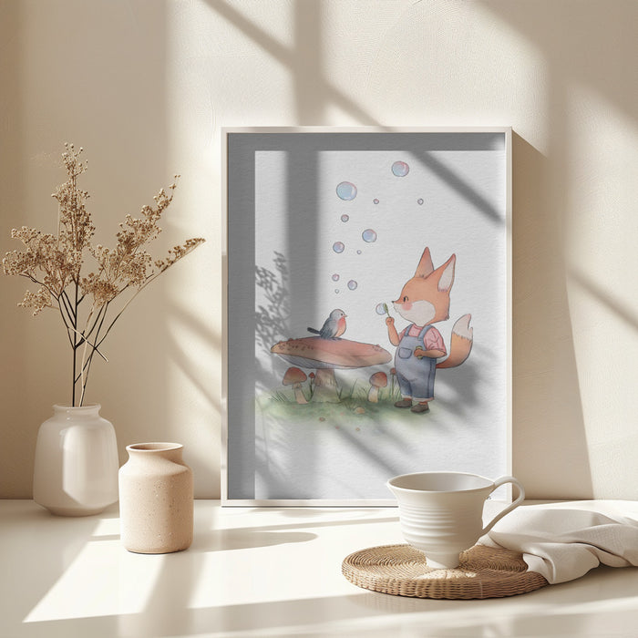 Fox and Bird Illustration Framed Art Wall Decor