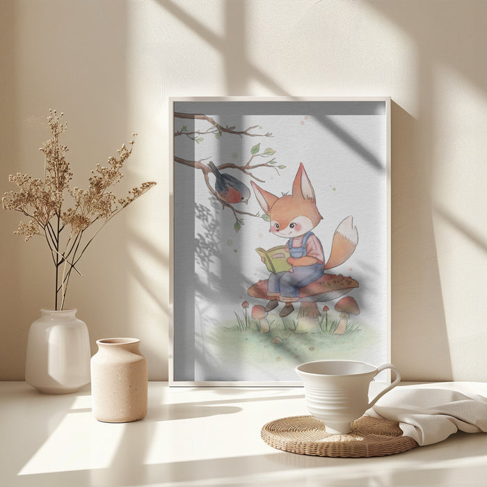 Fox and Bird Illustration Framed Art Wall Decor