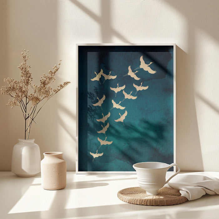 Teal Flying Cranes Framed Art Wall Decor