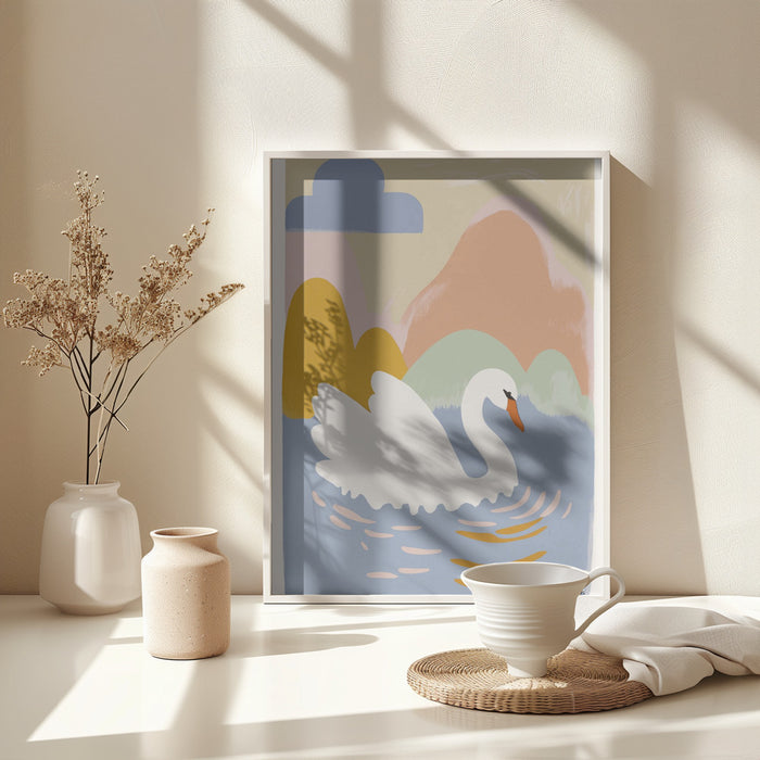 Swan In Lake Framed Art Modern Wall Decor