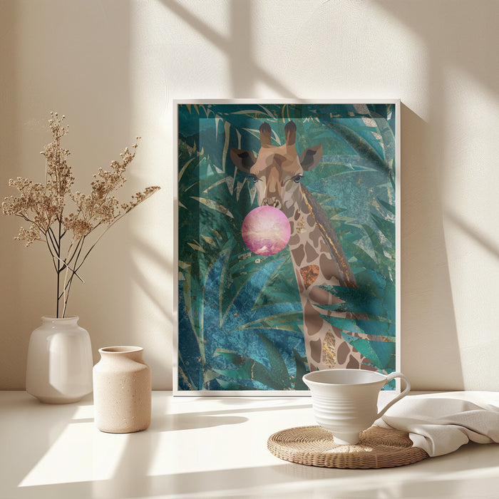 Bubblegum giraffe in the jungle Framed Art Modern Wall Decor