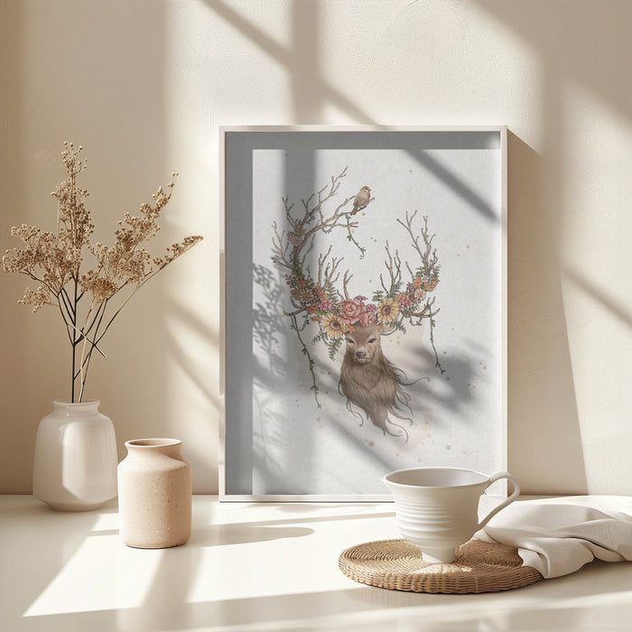 Deer and flowers Framed Art Wall Decor