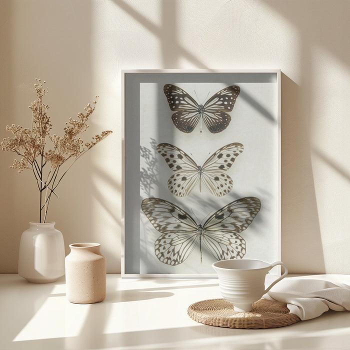 Three Neutral Butterflies Framed Art Modern Wall Decor