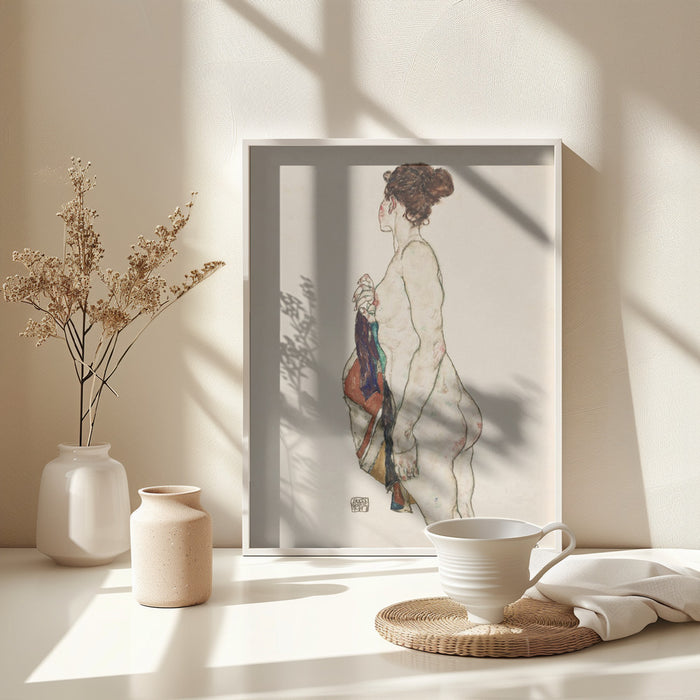 Standing Nude Woman With a Patterned Robe 1917 Framed Art Wall Decor