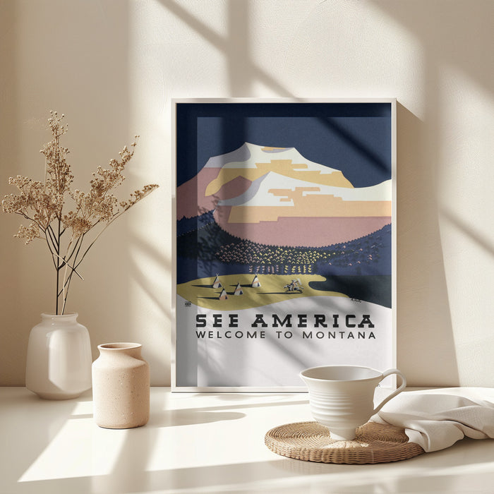 See America. Welcome To Montana (1936) Travel Poster By Richard Halls Framed Art Modern Wall Decor