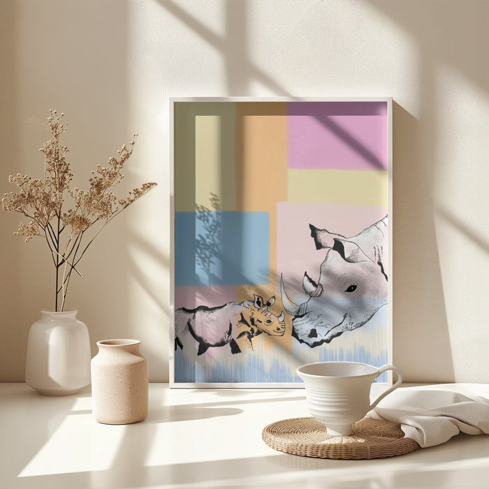 Mama Rhino and baby Framed Art Wall Decor