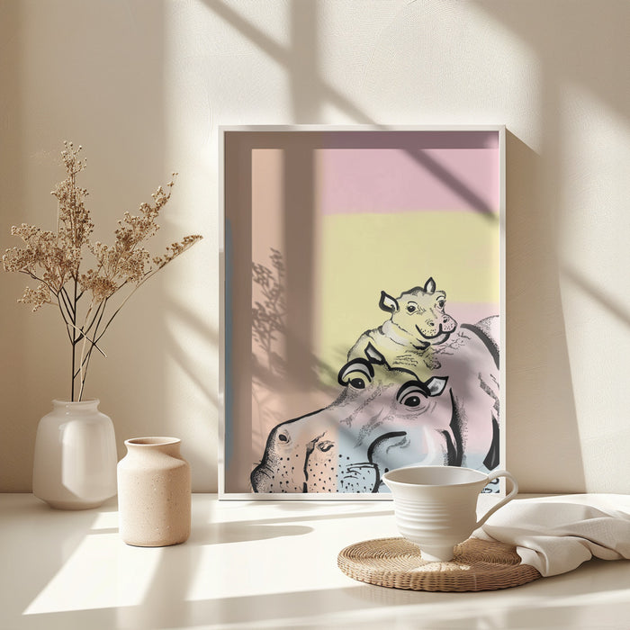 Mama hippo and baby Framed Art Wall Decor