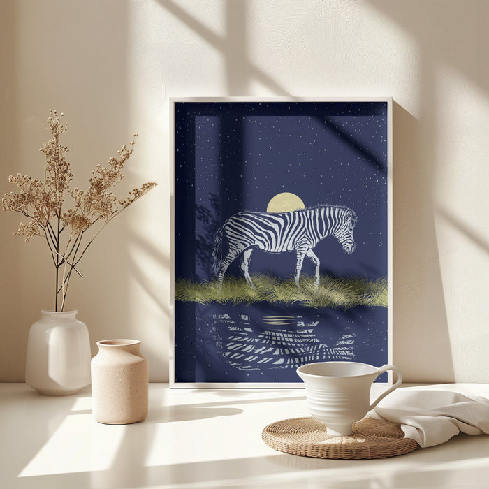 Zebra Waterhole Moonrise Framed Art Wall Decor