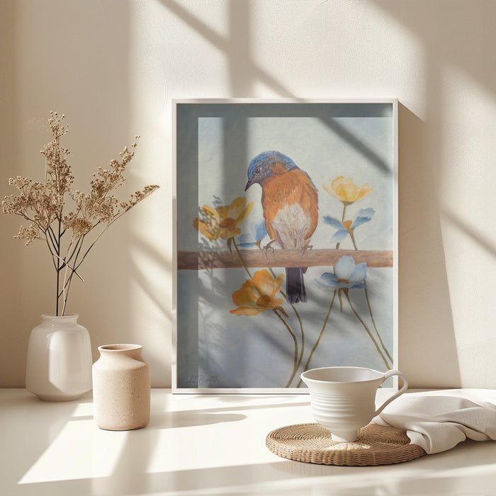 Flower Peeping Eastern Bluebird Framed Art Wall Decor