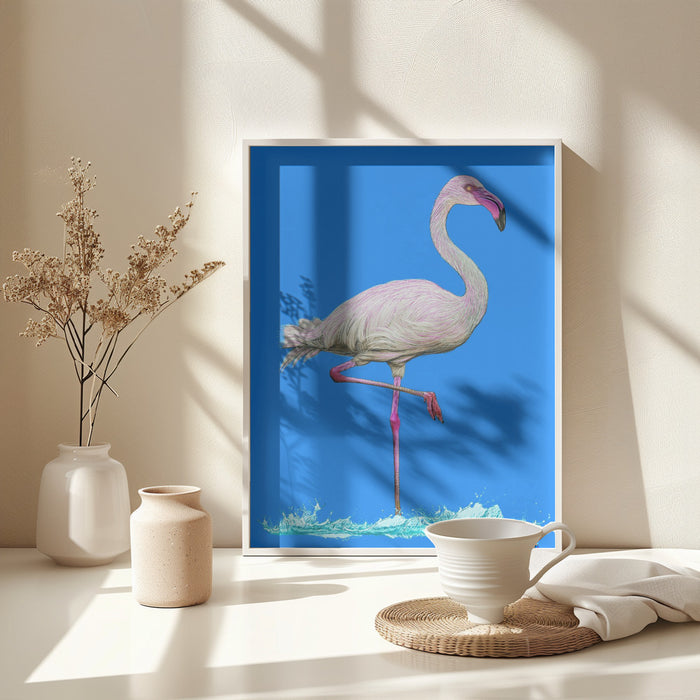 Flamingo in water blue sky Framed Art Wall Decor