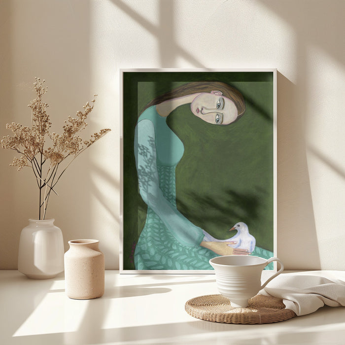 Lady sitting with white dove bird woman Framed Art Wall Decor