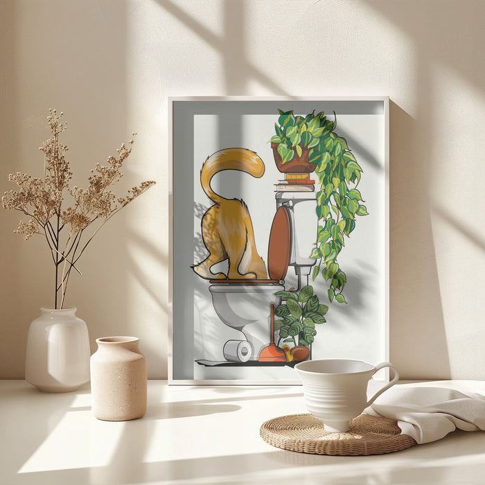 Cat Drinking From the Toilet Framed Art Wall Decor