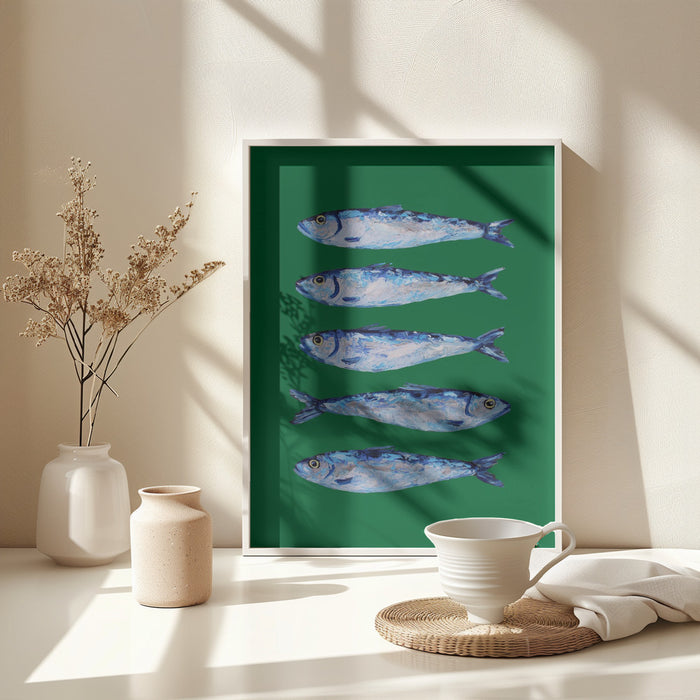 Sardines Forest Green Framed Art Modern Wall Decor