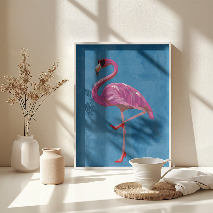 Flamingo in heels and heart glasses blue Framed Art Wall Decor