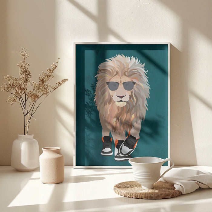 Lion prowling in high top sneakers Framed Art Wall Decor