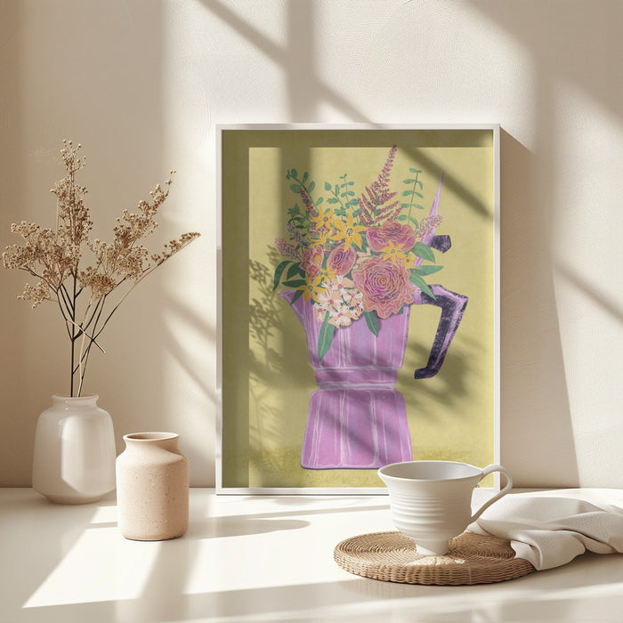 Espresso Maker with Flowers Framed Art Modern Wall Decor