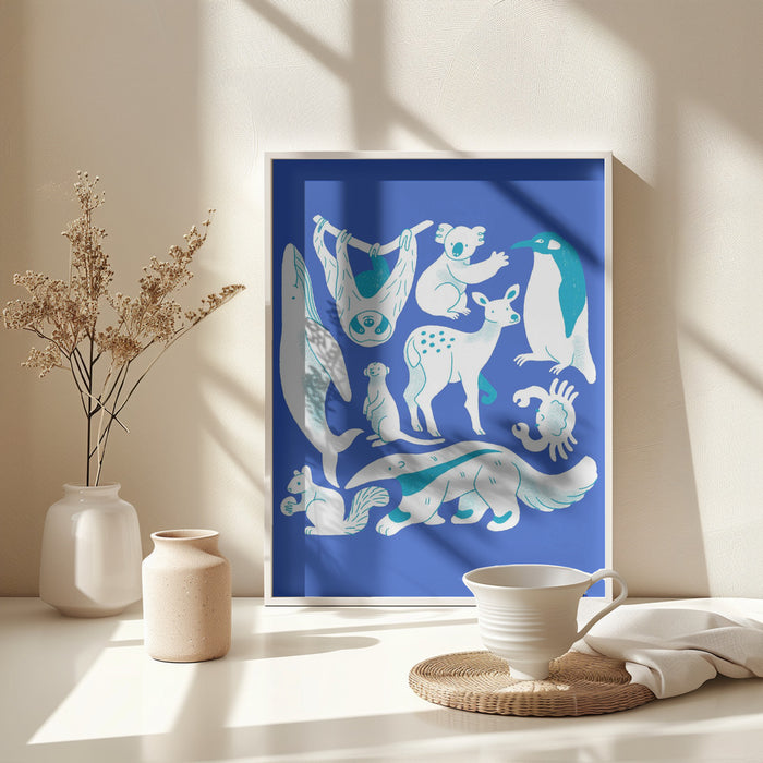 Blue Animal Collage Framed Art Modern Wall Decor