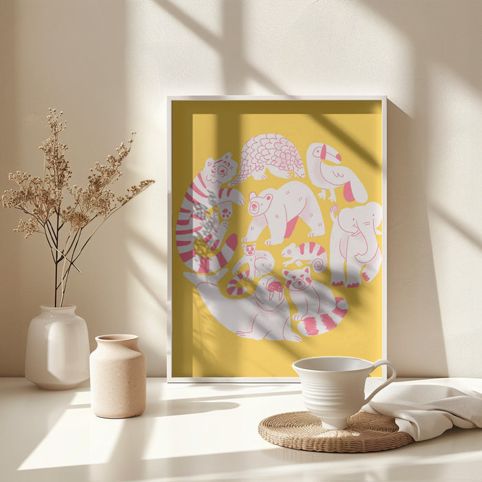 Yellow Animal Collage Framed Art Wall Decor