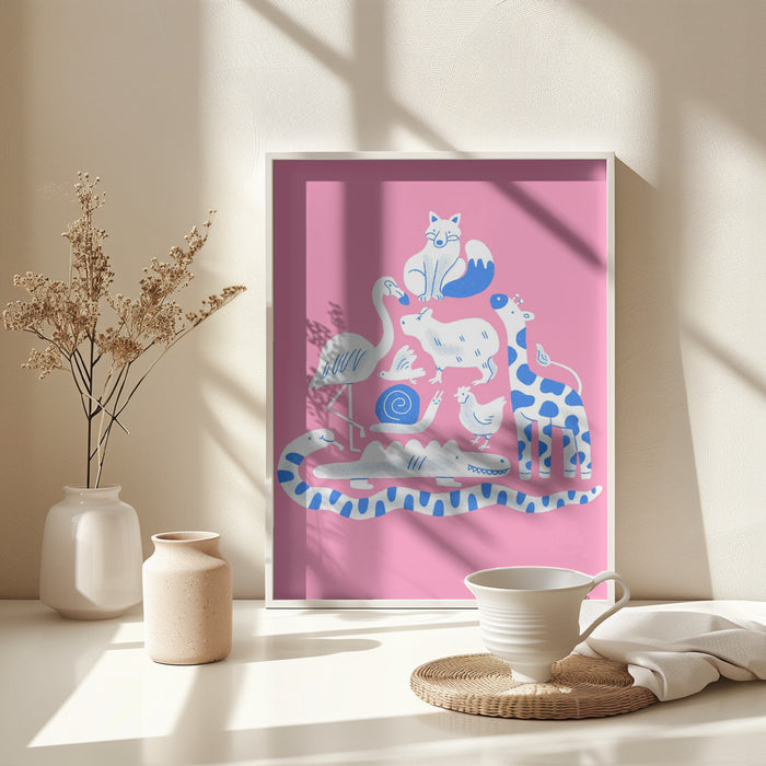 Pink Animal Collage Framed Art Modern Wall Decor