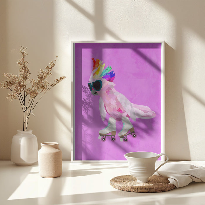 Rollerskating pink cockatoo Framed Art Wall Decor