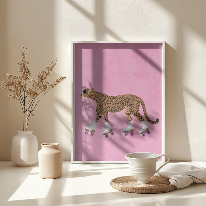 Cheetah rollerskating Framed Art Wall Decor