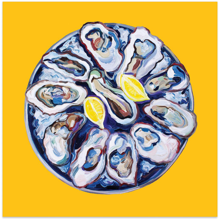 Oysters On a Plate Yellow Square Canvas Art Print