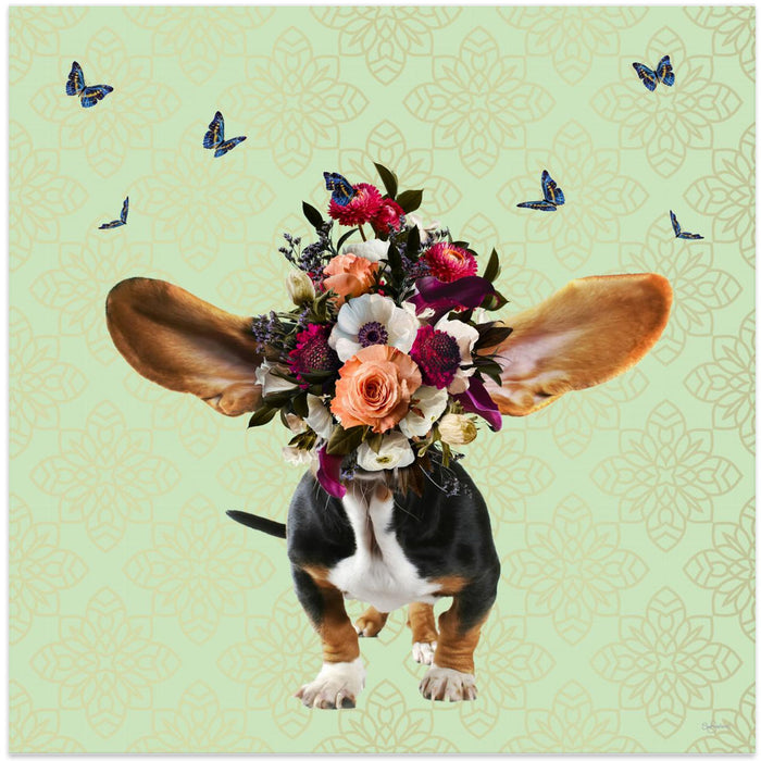 Spring Flower Bonnet On Doggy Square Canvas Art Print