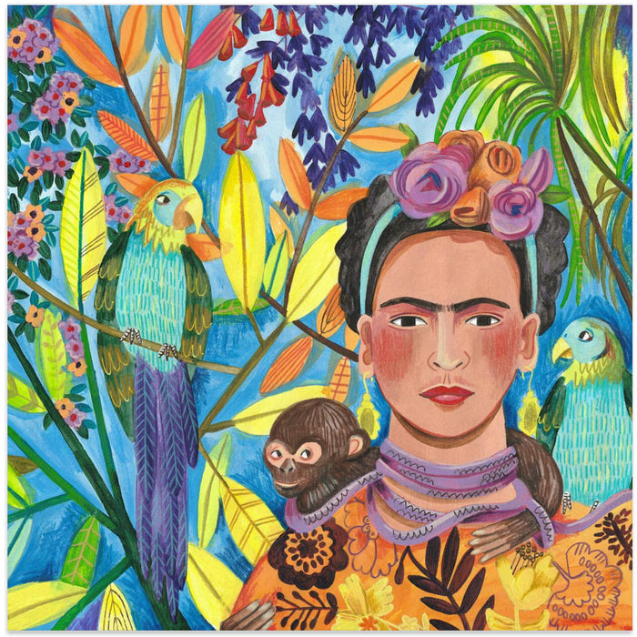 Frida and her parrots Square Canvas Art Print