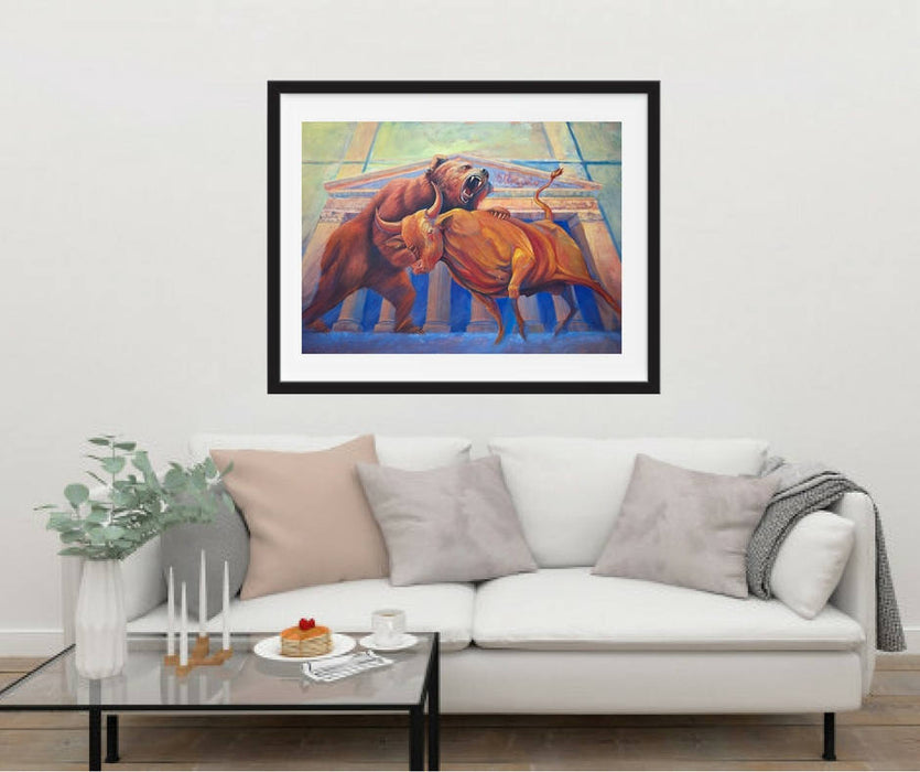 Wall street bull and bear stock market Office Finance framed art