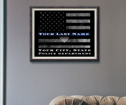 Thin Blue Line American Flag police gift framed wall art