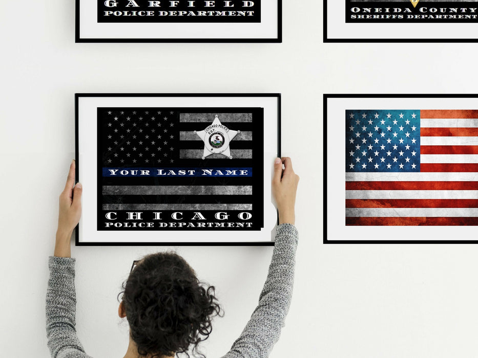 Chicago Police Thin Blue Line Flag officer wall art print decor